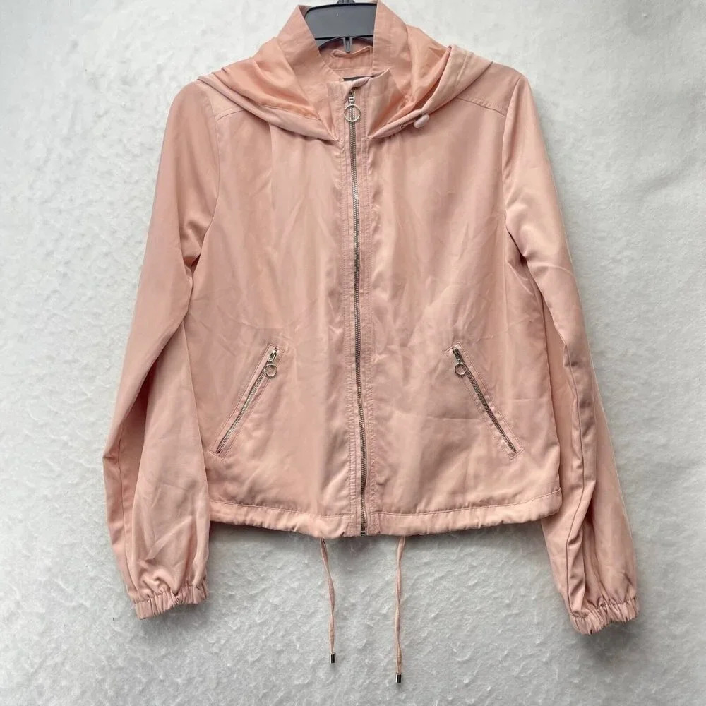 Forever 21 Jacket Women's Sz S Light Pink Full Zip Hooded Drawstring Long Sleeve - Picture 1 of 12